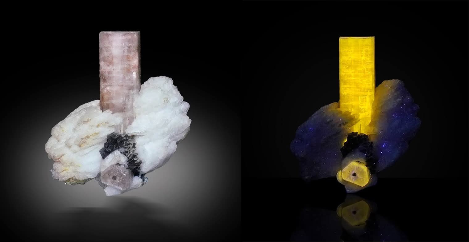 Perfect uv fluorescent apatite crystal on matrix. No flaws. Beautiful.