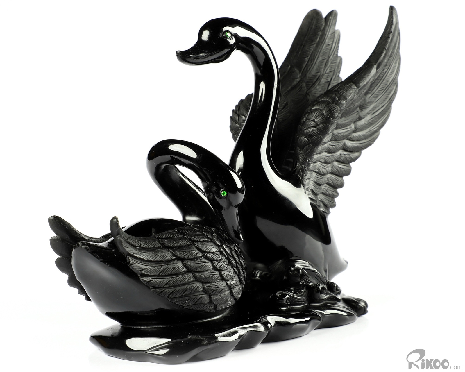 BEAUTIFUL 8.1″ Black Obsidian Carved swan Swans Sculpture Green Garnet Eyes