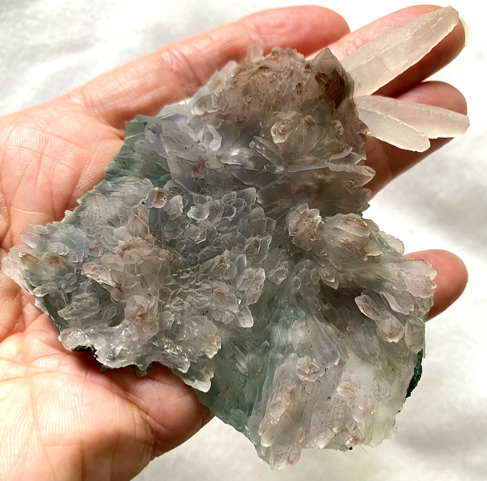 Fluorescent Dogtooth Calcite on Amethyst Flower Rio Grande do Sul Brazil