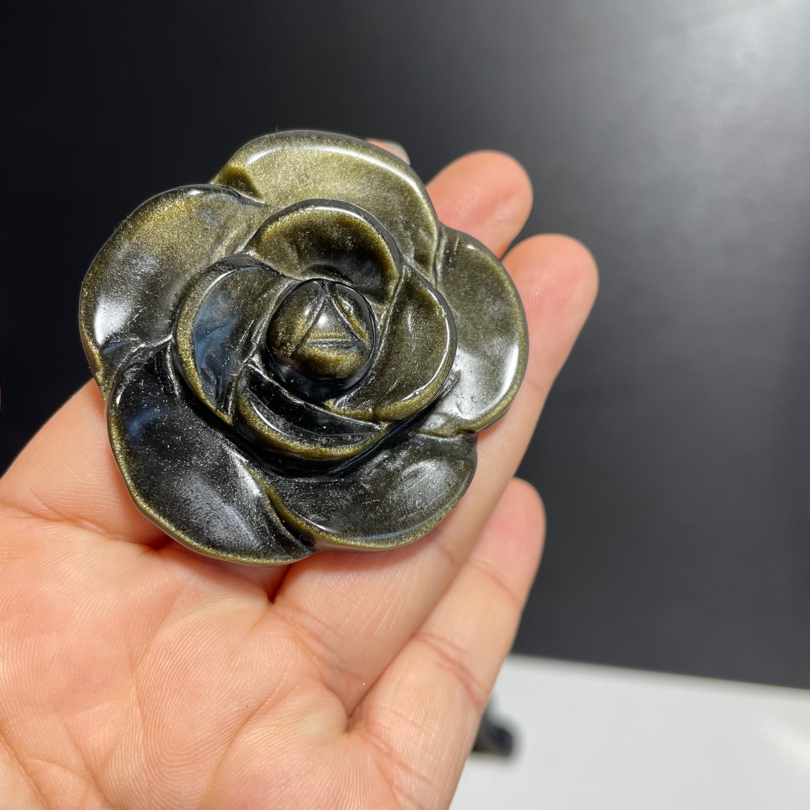 1PC Natural Golden Obsidia Quartz Carved Rose Flower Skull Crystal Reiki C1601