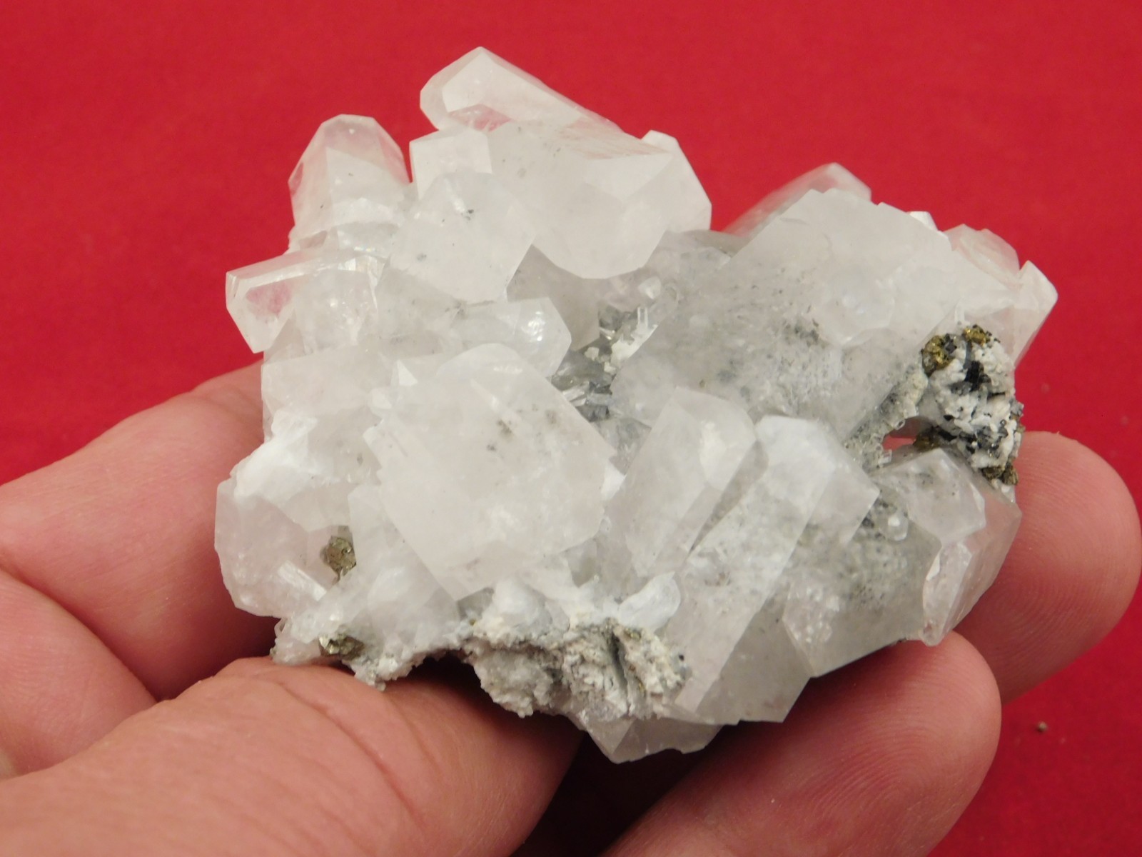 FLUORESCENT Calcite Crystal Cluster on Druzy PYRITE Peru 122gr