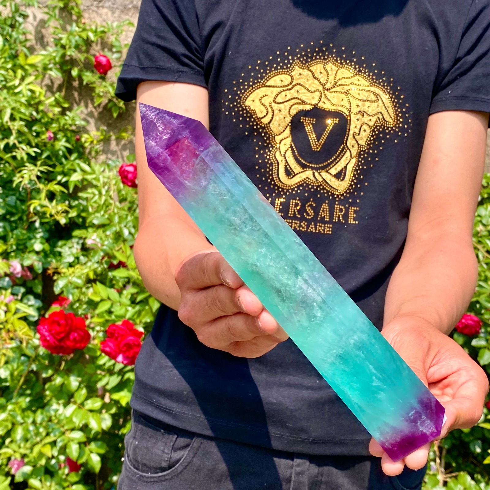 2.2LB Natural rainbow fluorite obelisk quartz crystal wand point Gem Healing