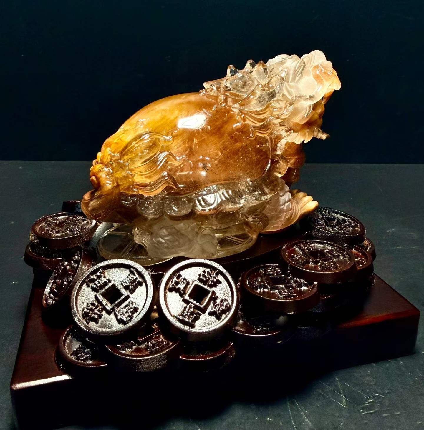3.21LB Natural Yellow, Red Rabbit Hair Quartz Dragon Turtle Crystal Reiki+Stand