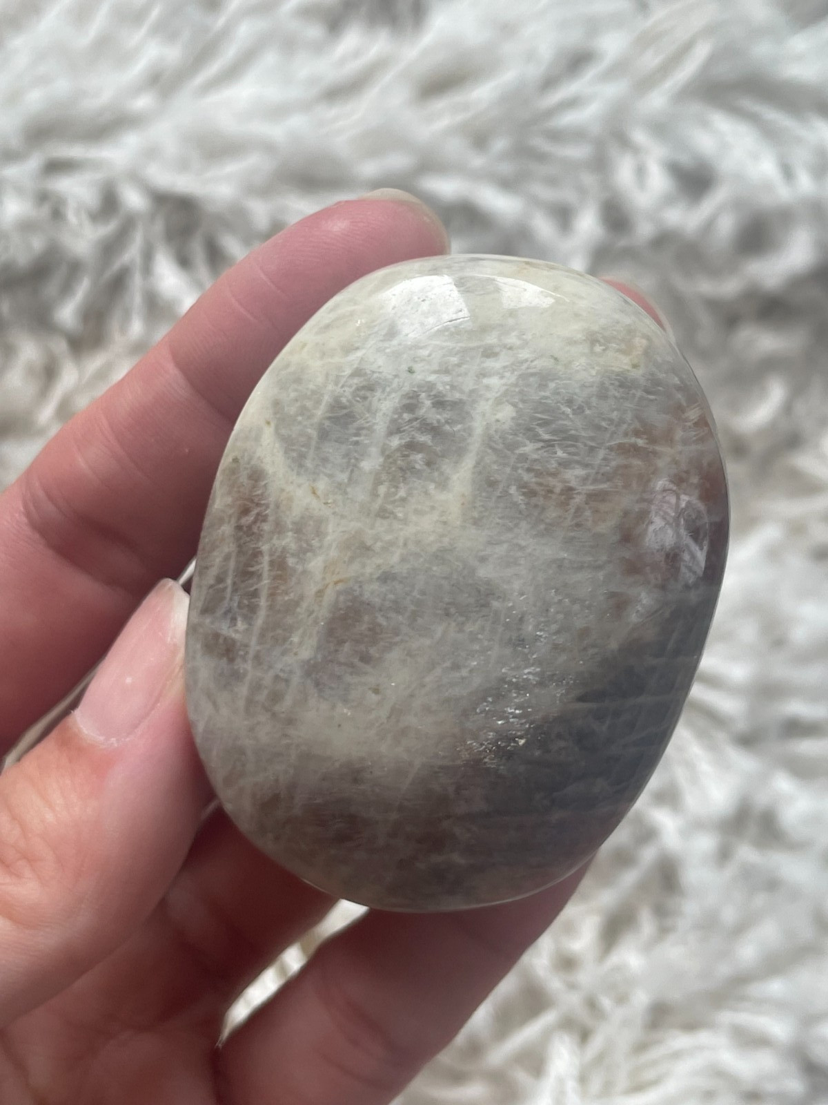 Rainbow Moonstone with Sunstone Palmstone, Medium – Blue & Silver Flashes (MZ)