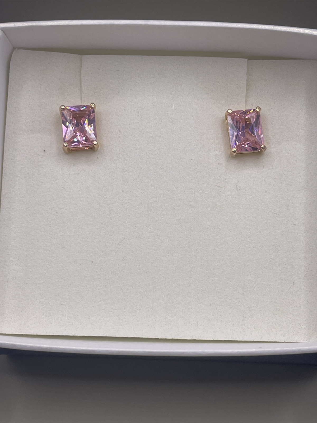Gold Over Sterling Silver Rectangle Bright Pink Earrings Stud Pink Topaz #1003