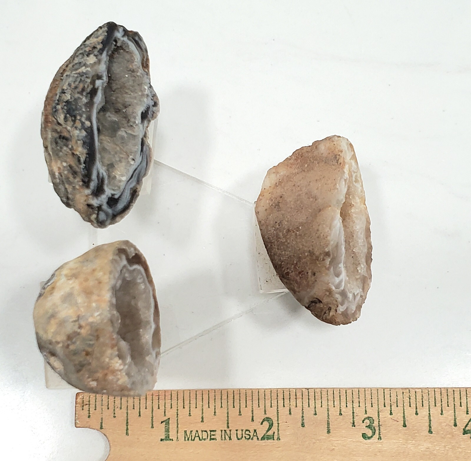 Set of 3 Natural Agate Geodes Displayed & set on a Triangular Lucite Stand