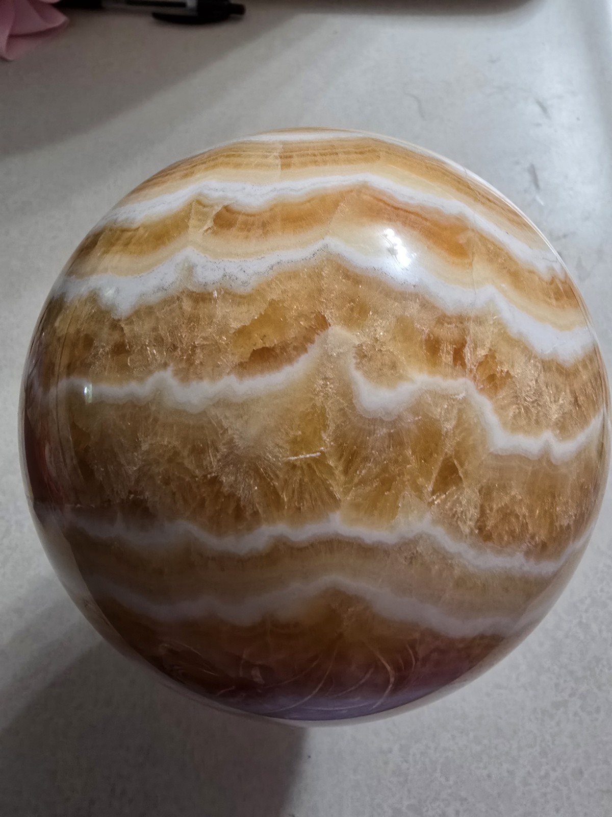 Orange Banded Calcite Polished Sphere Display, 4.47 in & 5.5 lbs W/Stand.