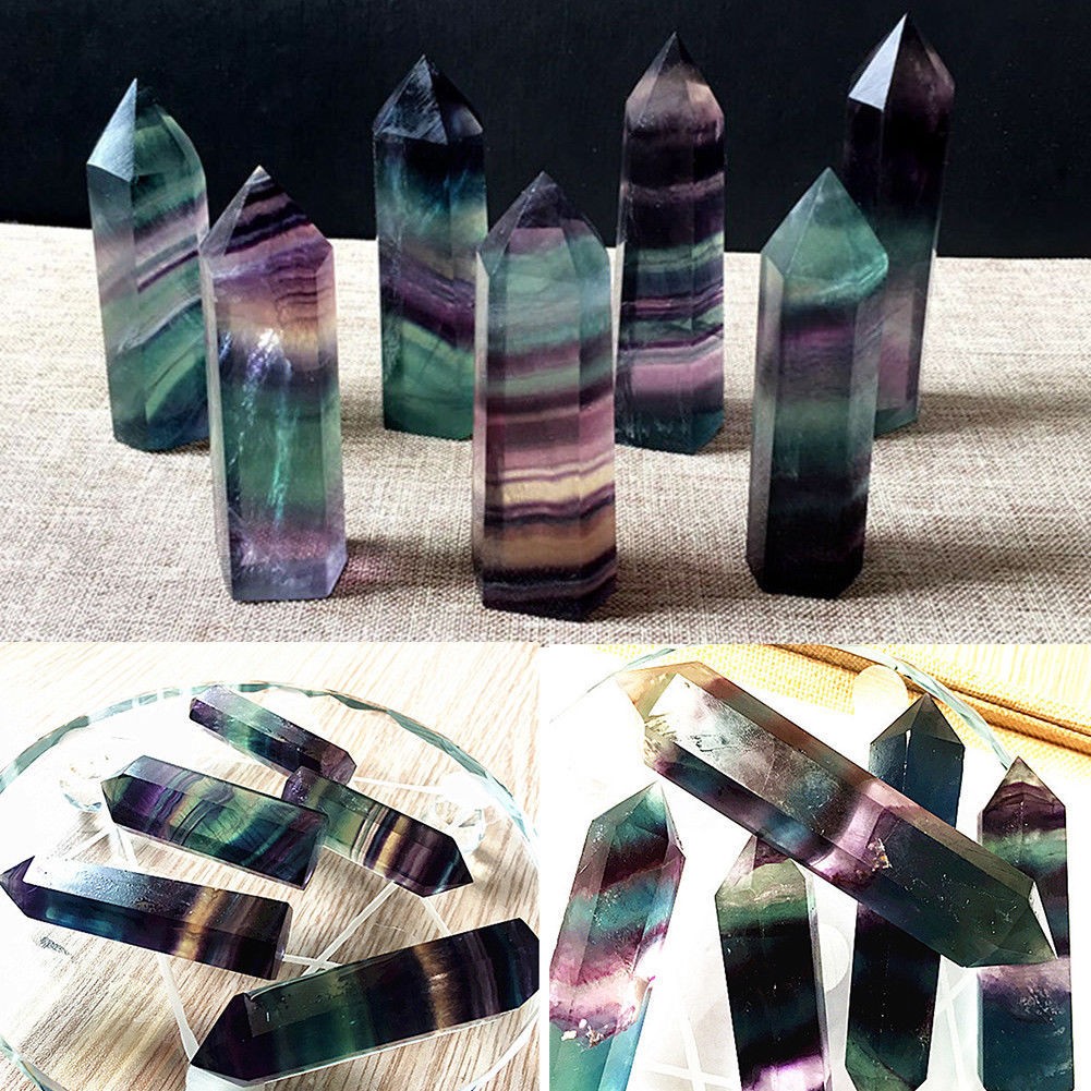 Colorful Natural Fluorite Quartz Crystal Wand Point Healing Stone Gifts