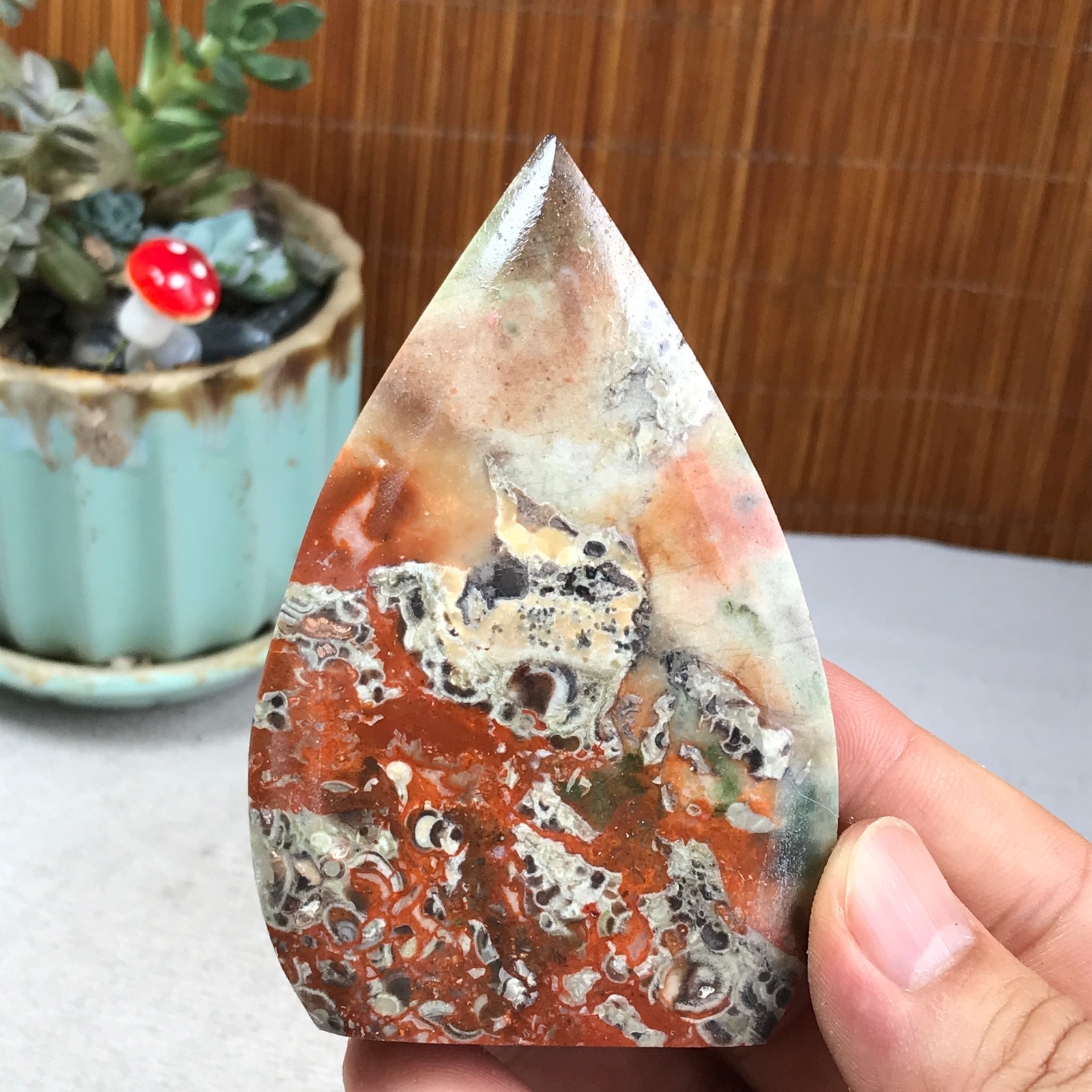 Natural money Mexico agate hand carve leaf Crystal Specimen free standing A6271