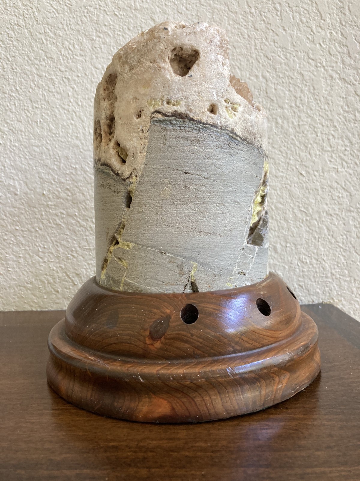 Natural Geological Drill Core w Crystals on Walnut Wood Pen Holder Display Base