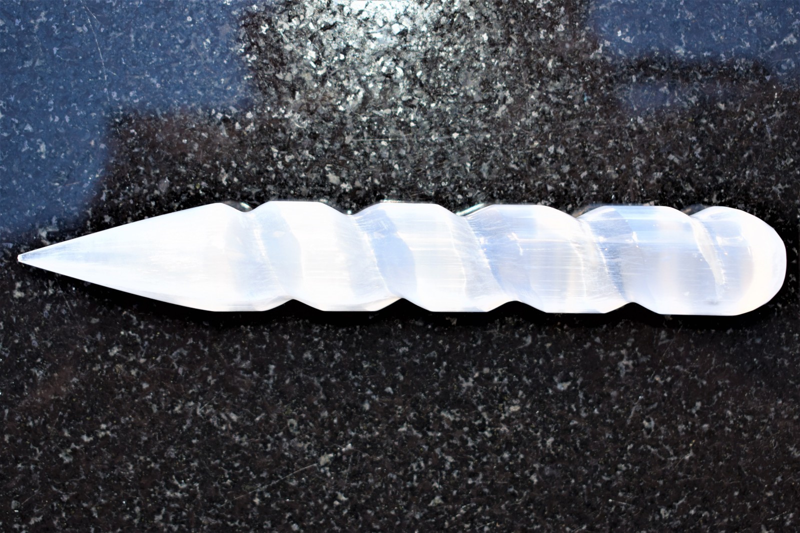 6″ Spiral Faceted Selenite Crystal Massage Wand + Baby Moroccan Selenite Heart