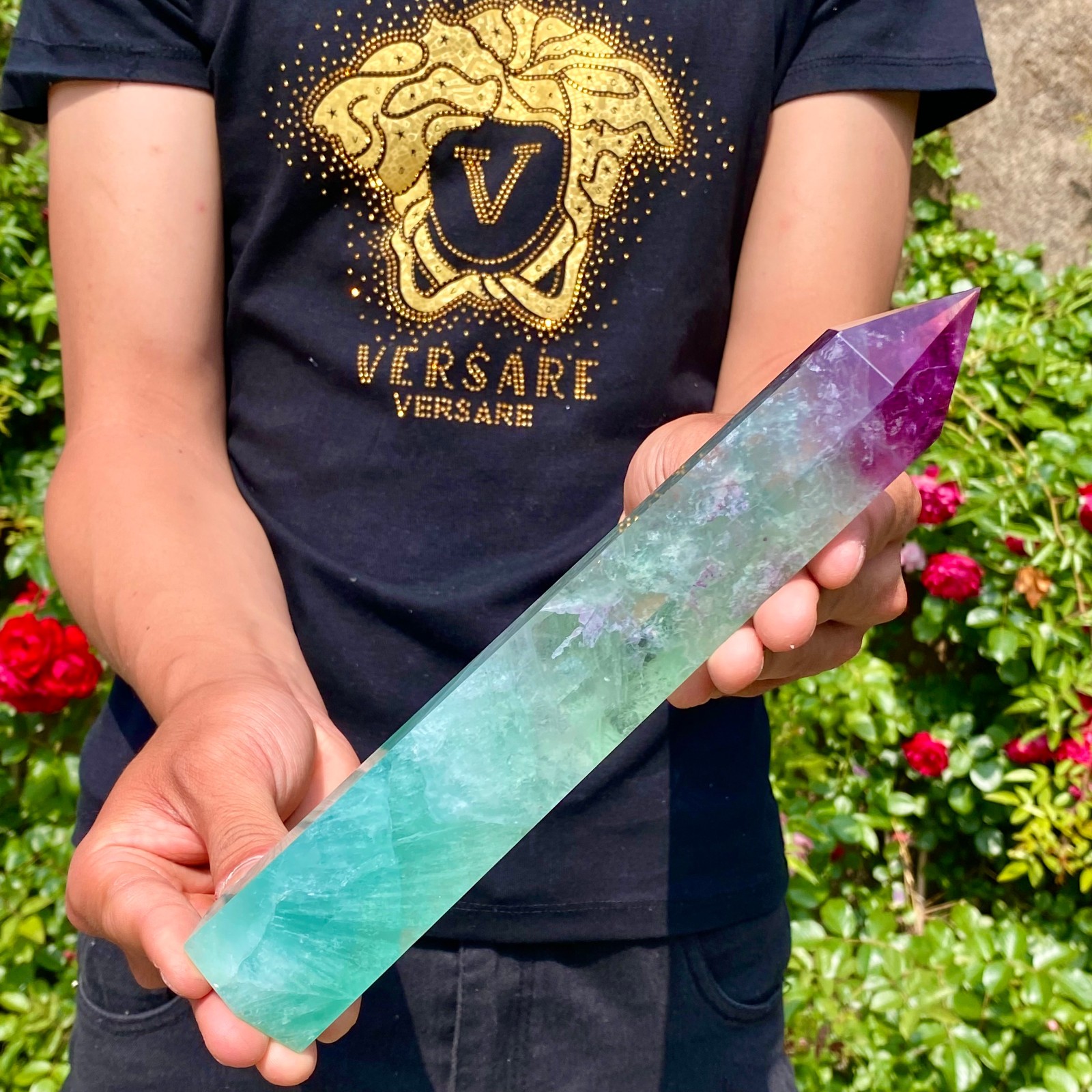 1.6LB Natural rainbow fluorite obelisk quartz crystal wand point Gem Healing