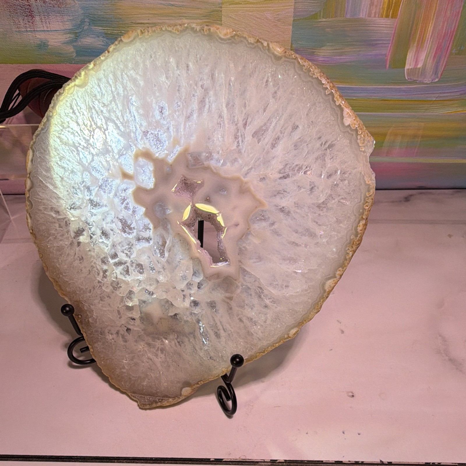 White Agate Geode Slice Crystal Mineral Display Specimen on Metal Stand ~6 in