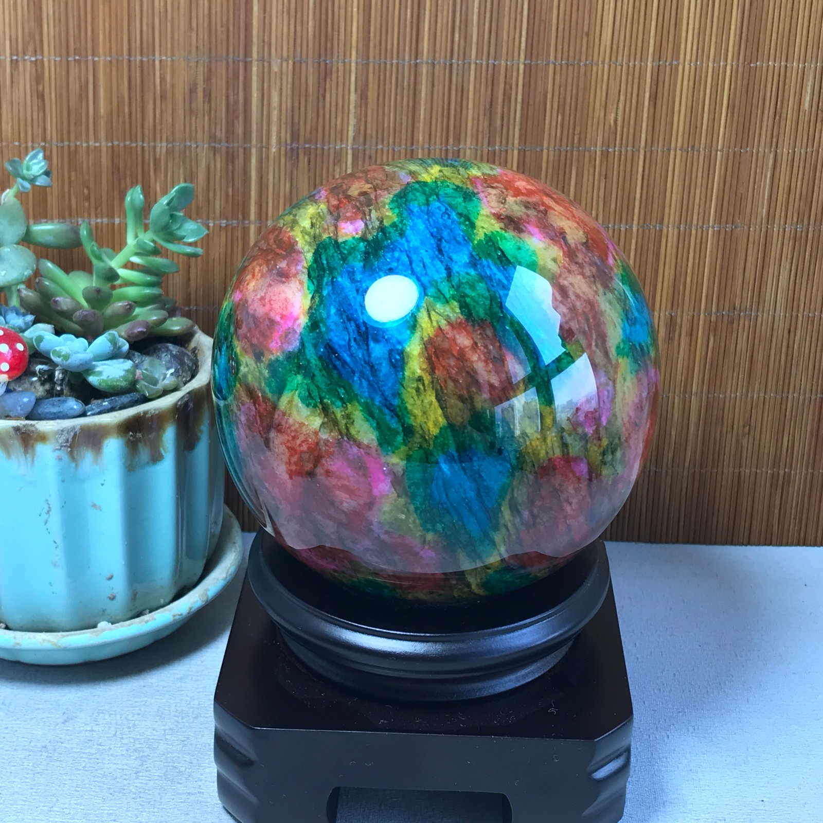 Natural “Seven Colors Jade” sphere Ball -Taiwan China 1.85kg Base Random A5802