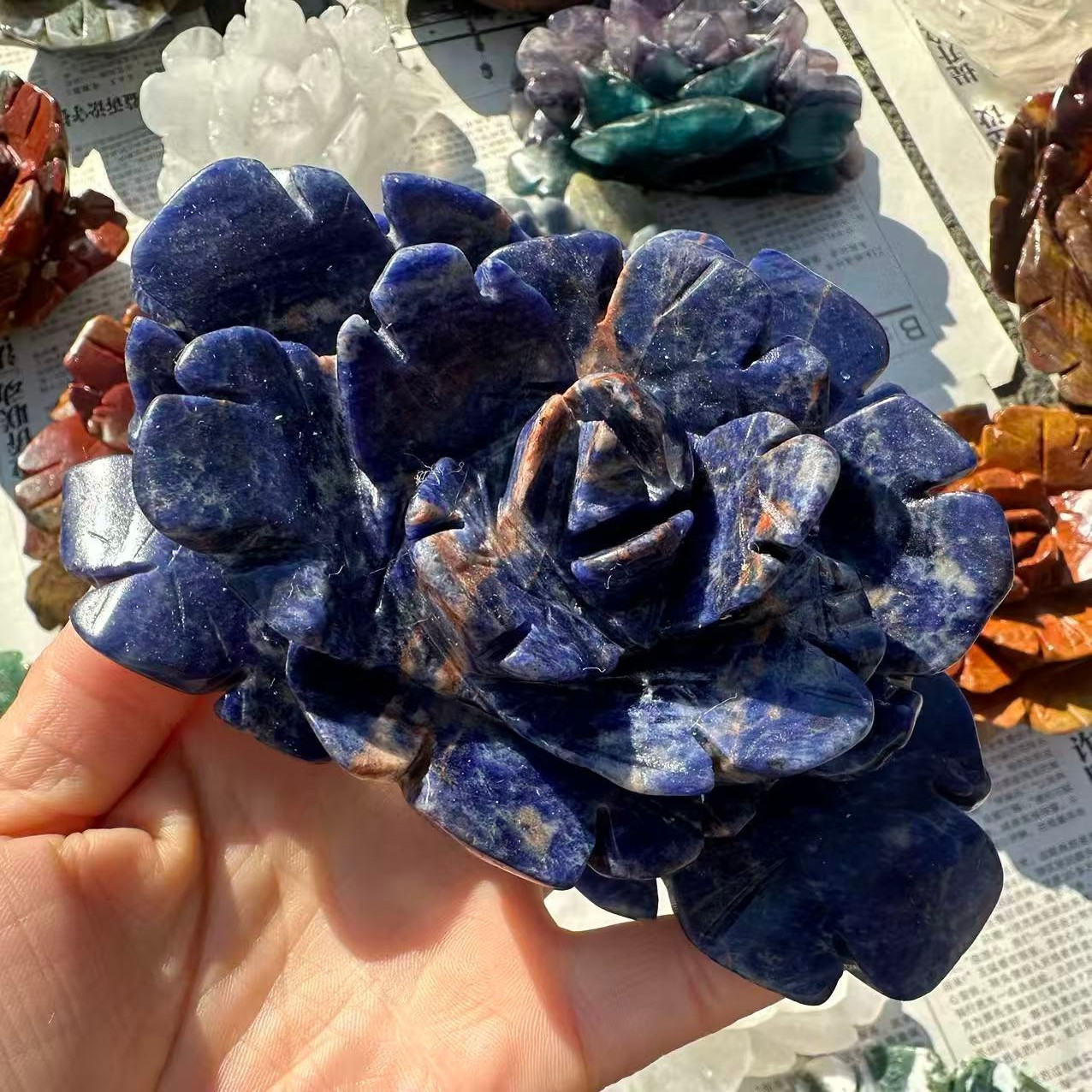 1pc Natural Sodalite Quartz Carved Flower Skull Crystal Reiki Decor Gift