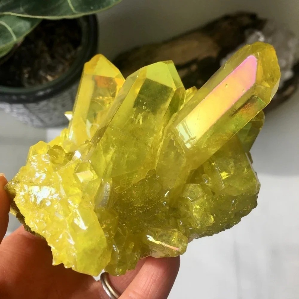 Natural Aura Yellow Citrine Crystal Titanium Cluster Healing Mineral Specimen US