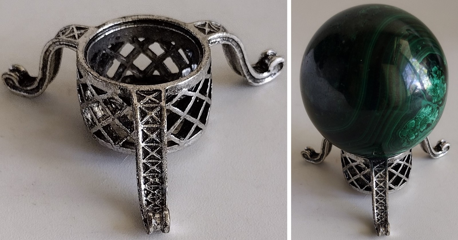 Antique Lattice Crystal Sphere Stand Silver Metal Display Holder Orb Base