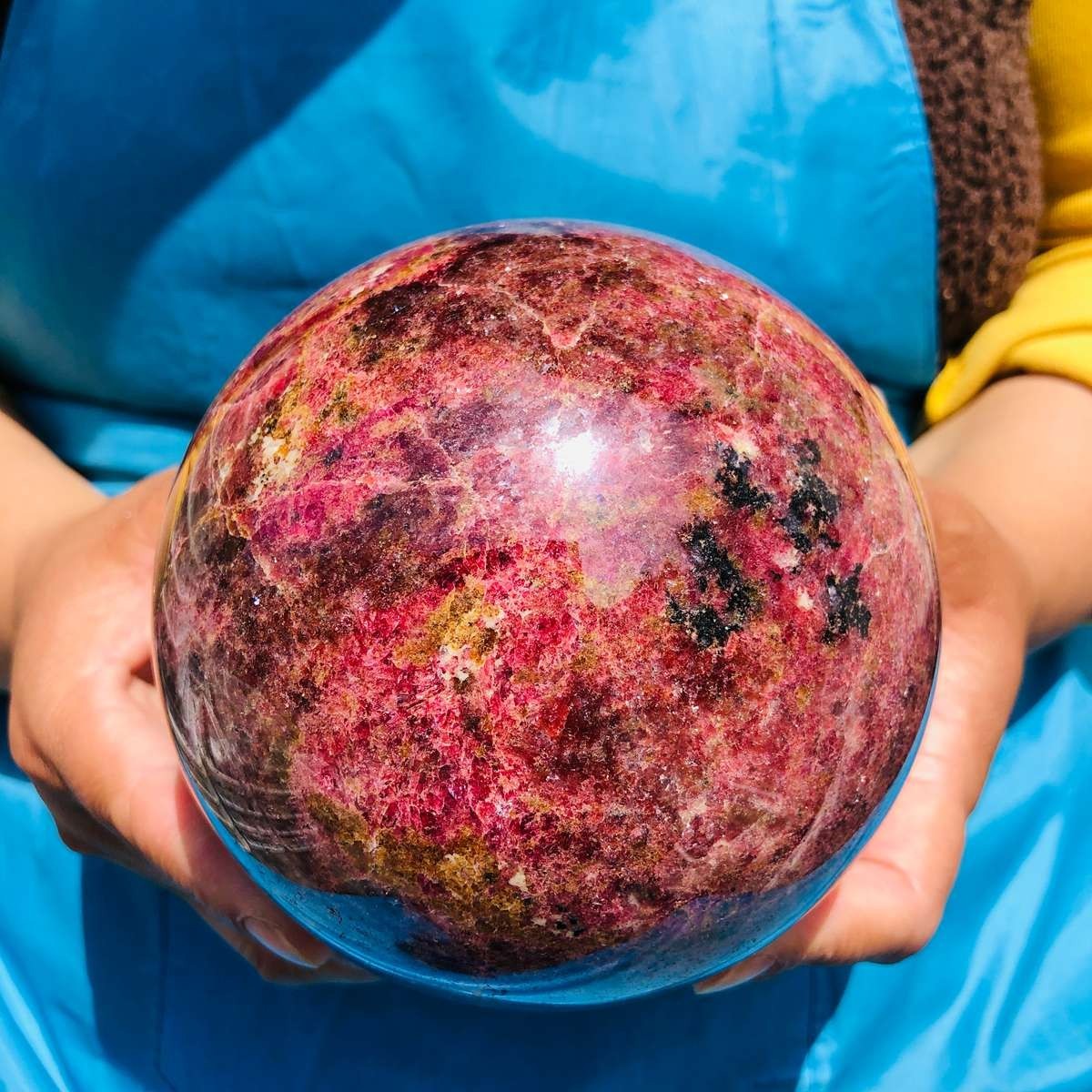 7.04LB Natural Rhodonite Crystal Sphere Pink Black Healing Gem Stone 4799
