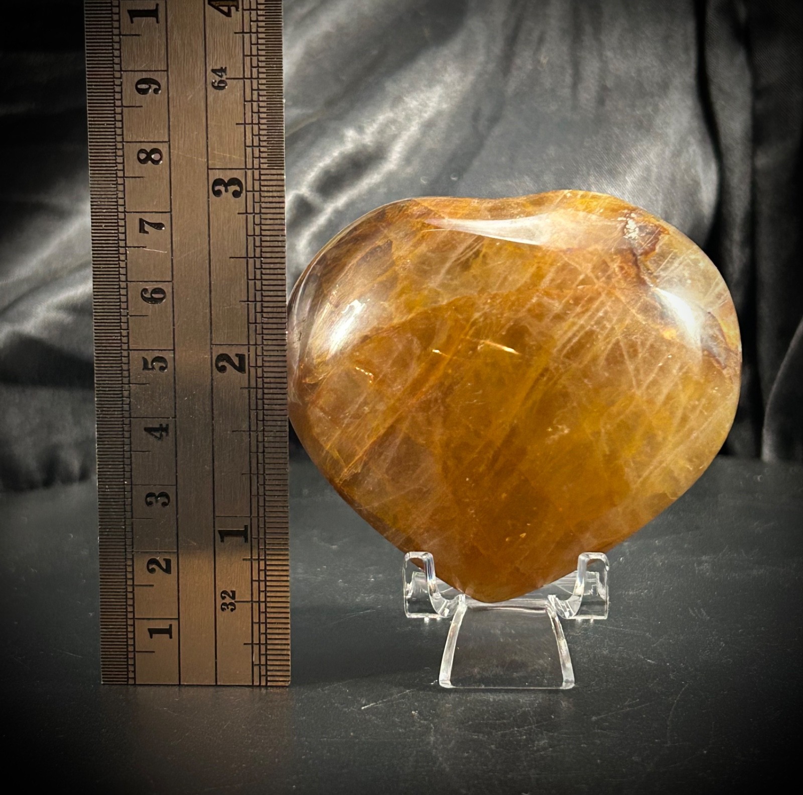 2.71″ Hematoid (Golden Healer) Quartz Heart With Acrylic Stand 7oz (198 grams)