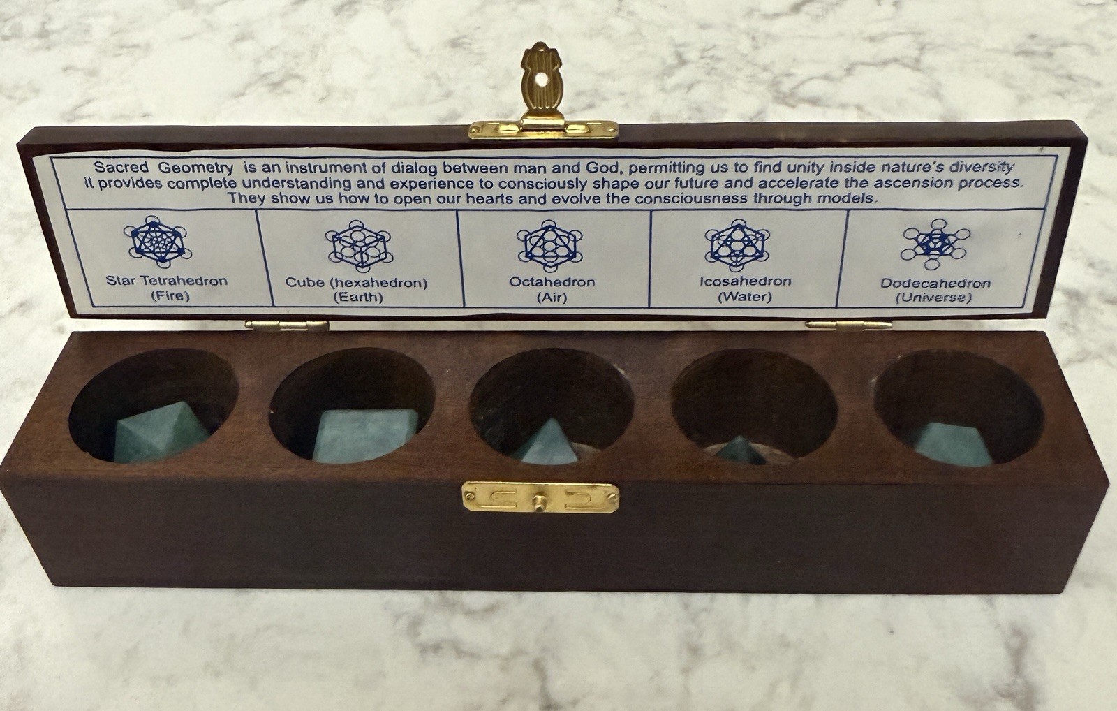 Sacred Geometry Crystal Platonic Solids With Wooden Display Box Made In Brazil