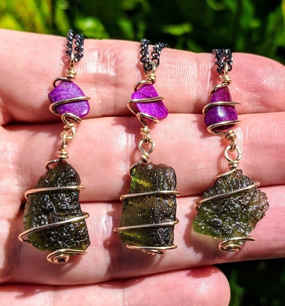 MOLDAVITE & SUGILITE Pendant In GOLD. Amulet Tektite Crystal Necklace Synergy 12