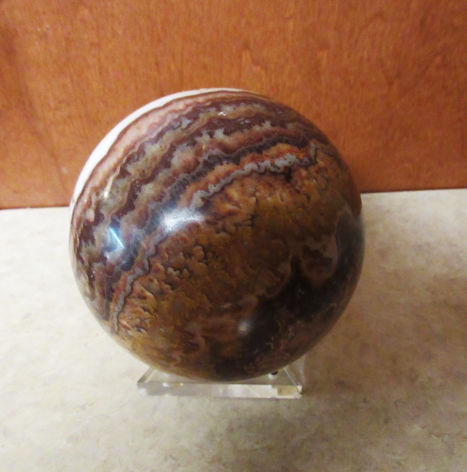 Large Banded Marble Polished Stone Sphere Browns and Whites 5” Diameter + Stand