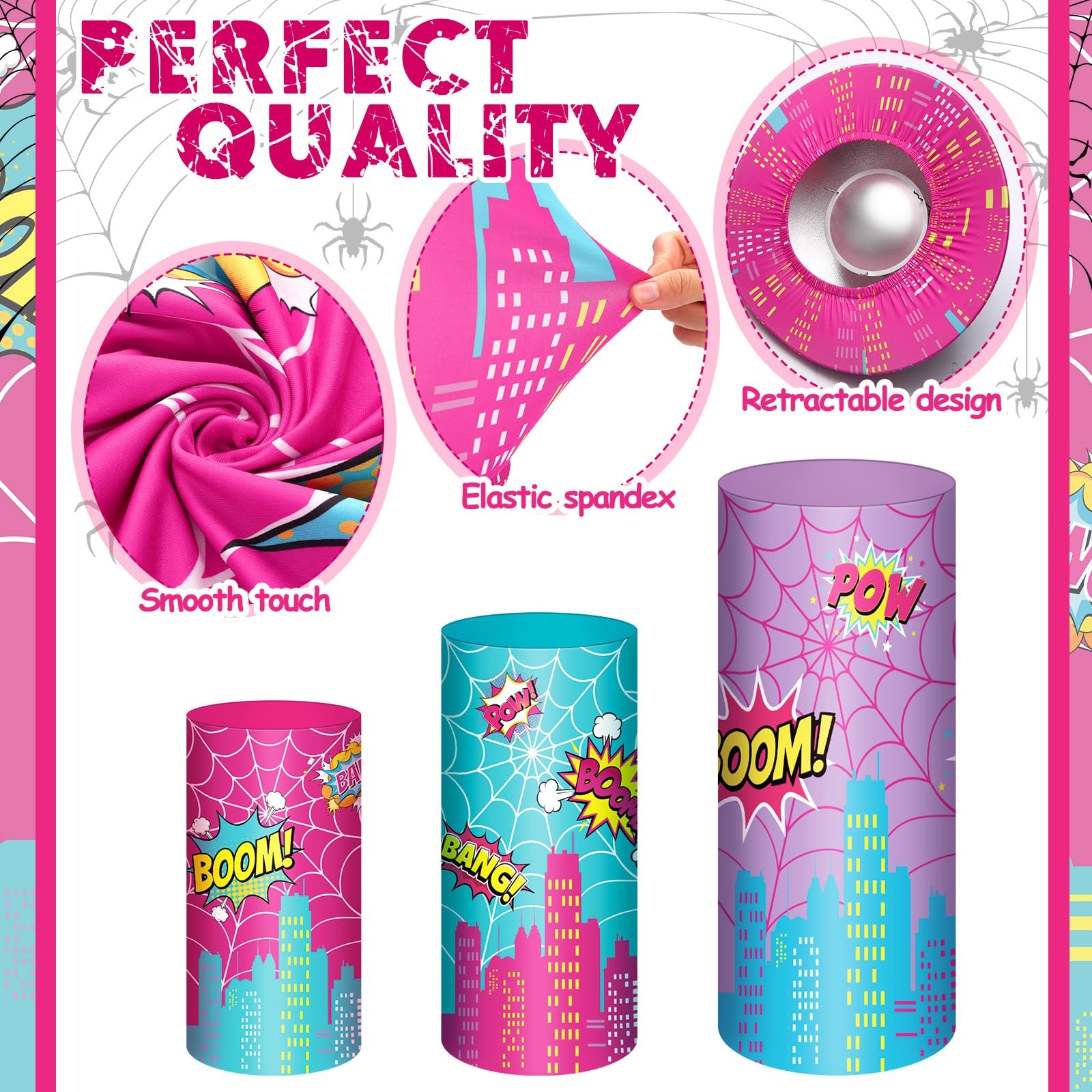 3 Pcs Spider Theme Cylinder Pedestal Stand Covers City Hero Theme Party Suppl…