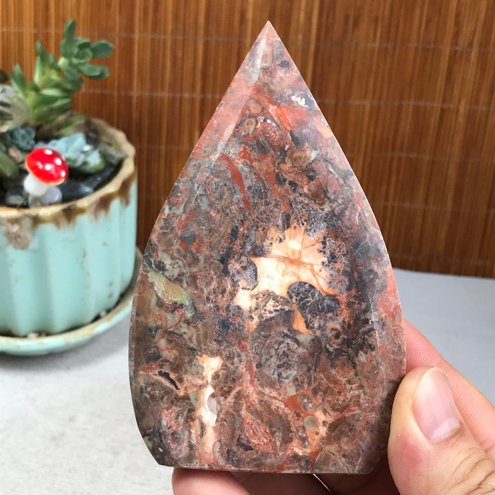 Natural money Mexico agate hand carve leaf Crystal Specimen free standing A6273