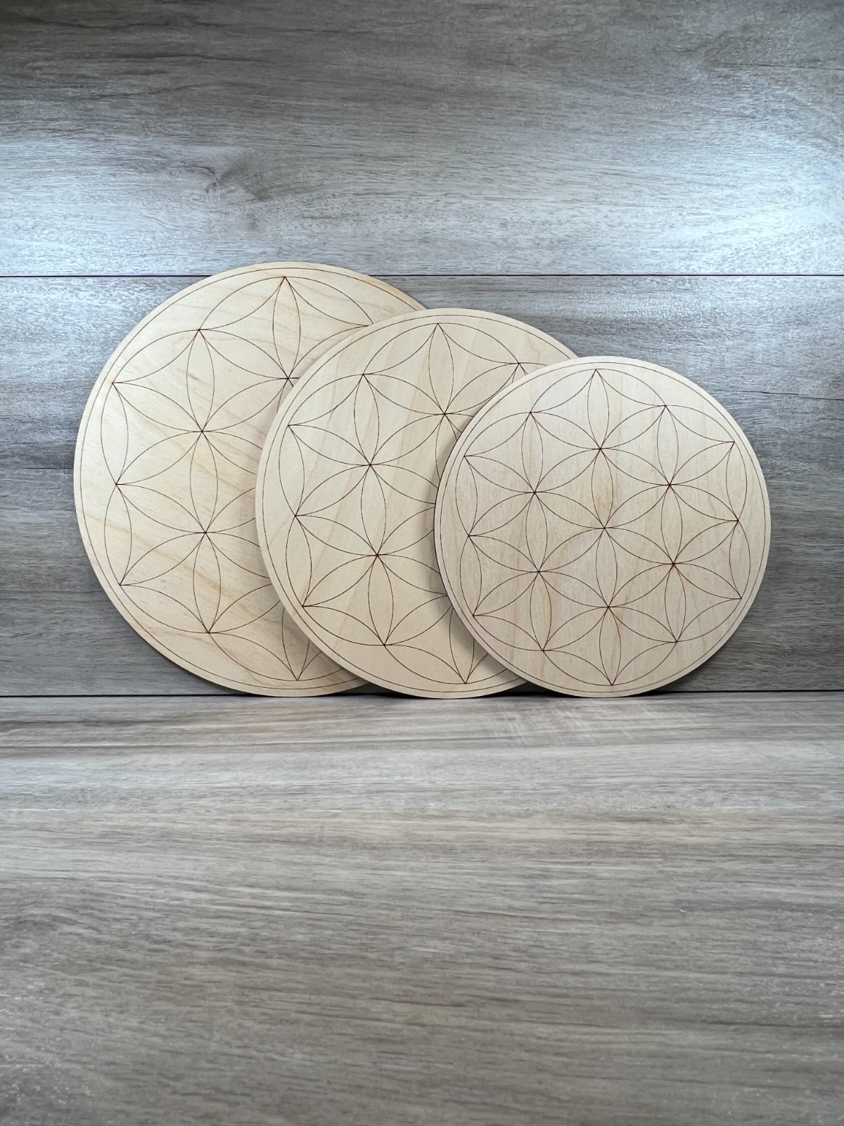 3 Crystal Grid Plates Sacred Flower of Life Healing Wood Birch 7″ 8 Inch 9 Inch