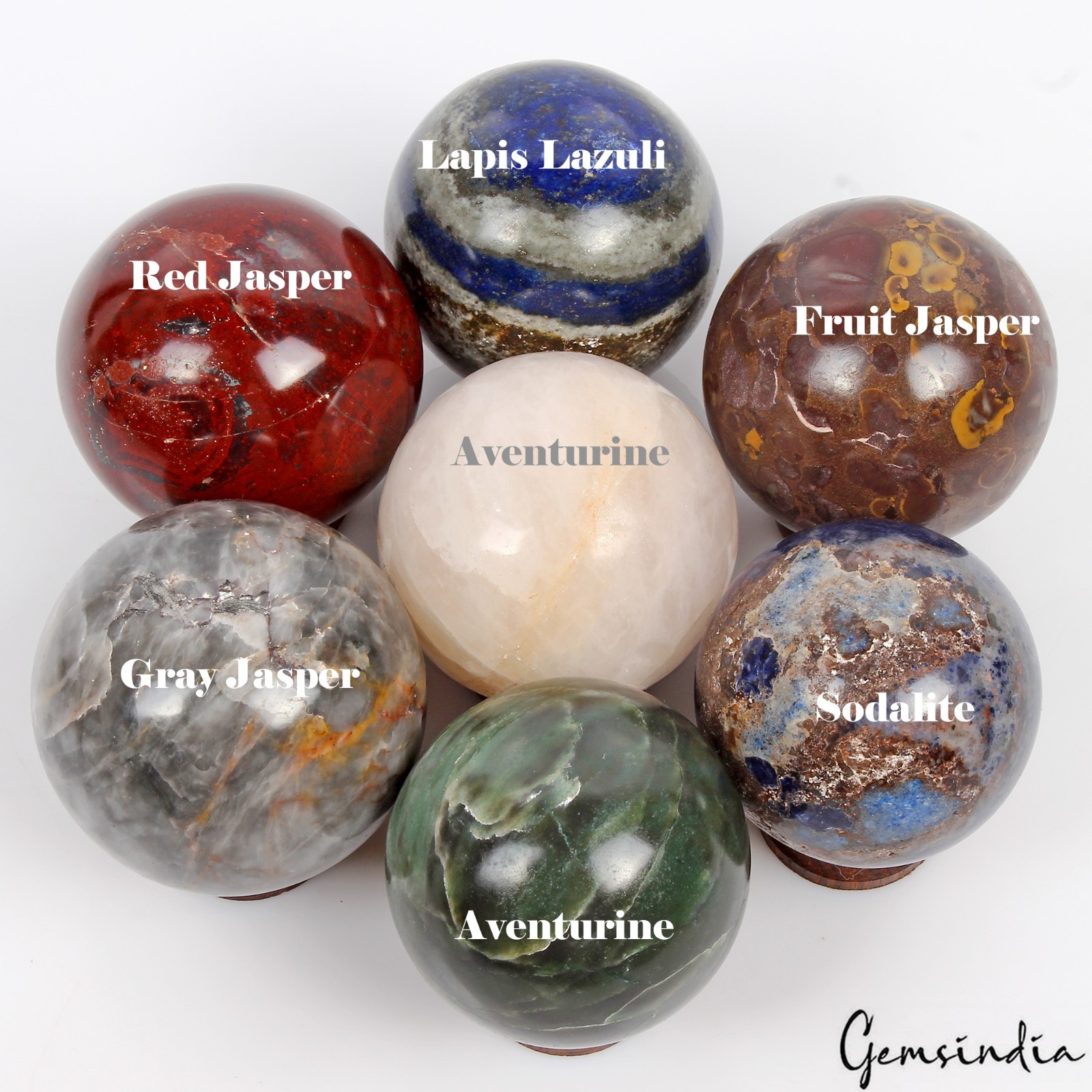 7 Pcs Natural Gemstone Sphere Set + Wooden Stands – Bulk Crystal Ball Collection