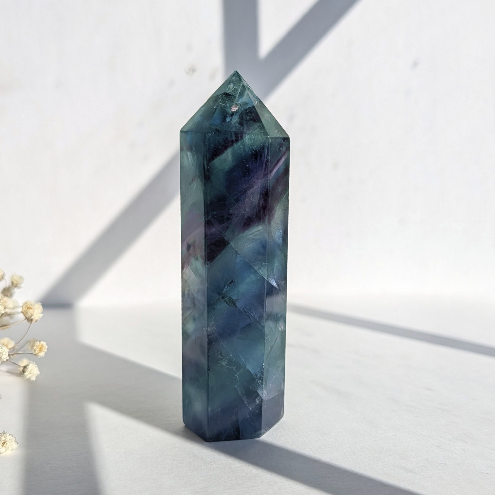 4″ rainbow fluorite tower, teal purple green blue fluorite crystal generator