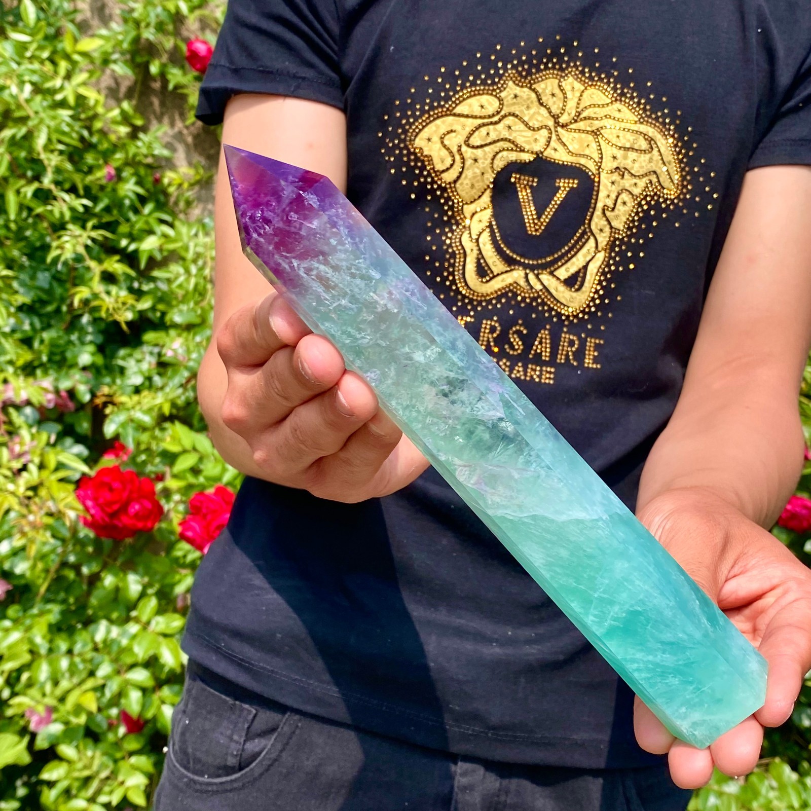 1.6LB Natural rainbow fluorite obelisk quartz crystal wand point Gem Healing
