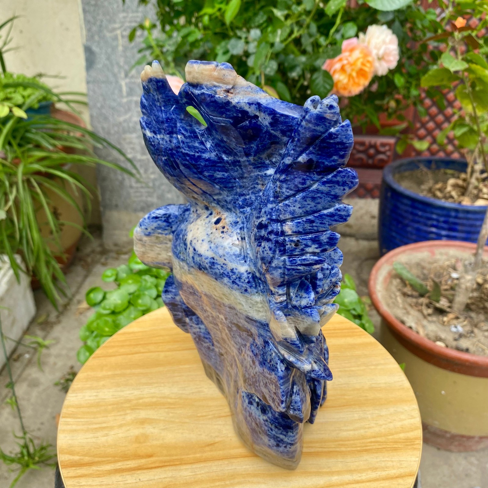 7.05LB Natural Blue Vein Stone Phoenix Carving, Home Decoration