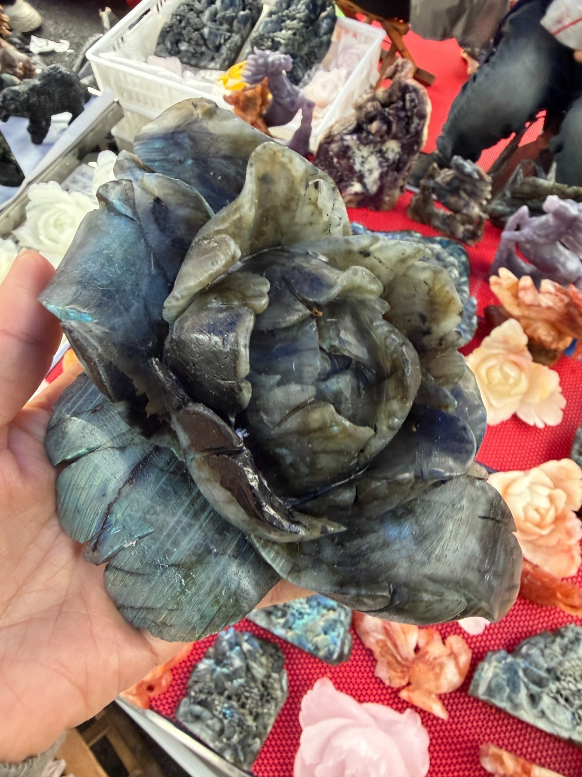 1pc Natural Labradorite Quartz Carved Crystal Flower Skull Reiki Healing Decor