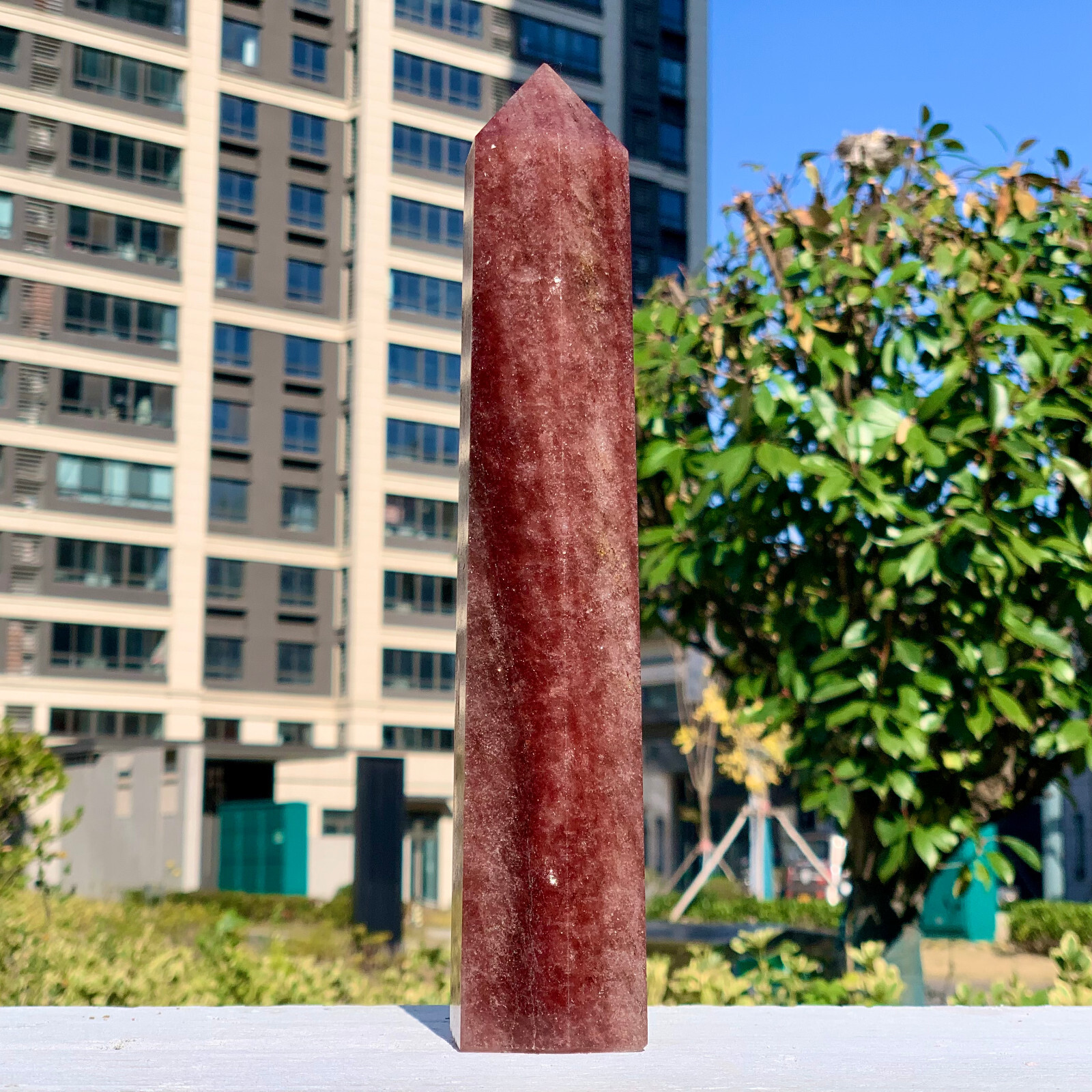 2.02LB Natural Large Strawberry Quartz Crystal Tower Point Obelisk Red Chakras