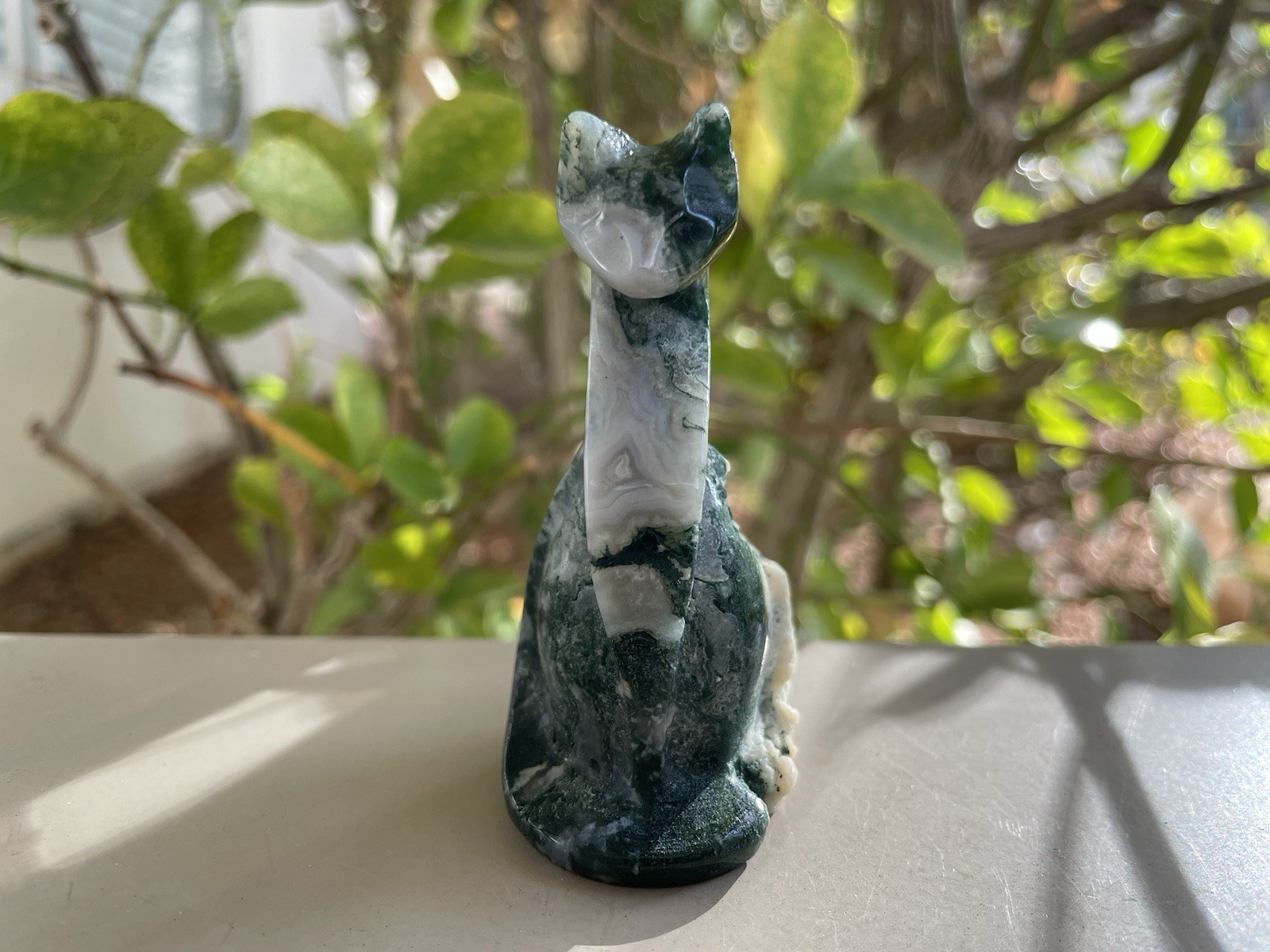 Moss Agate Crystal/Gemstone Sphynx Carving 64G 3″ x 1 1/4″