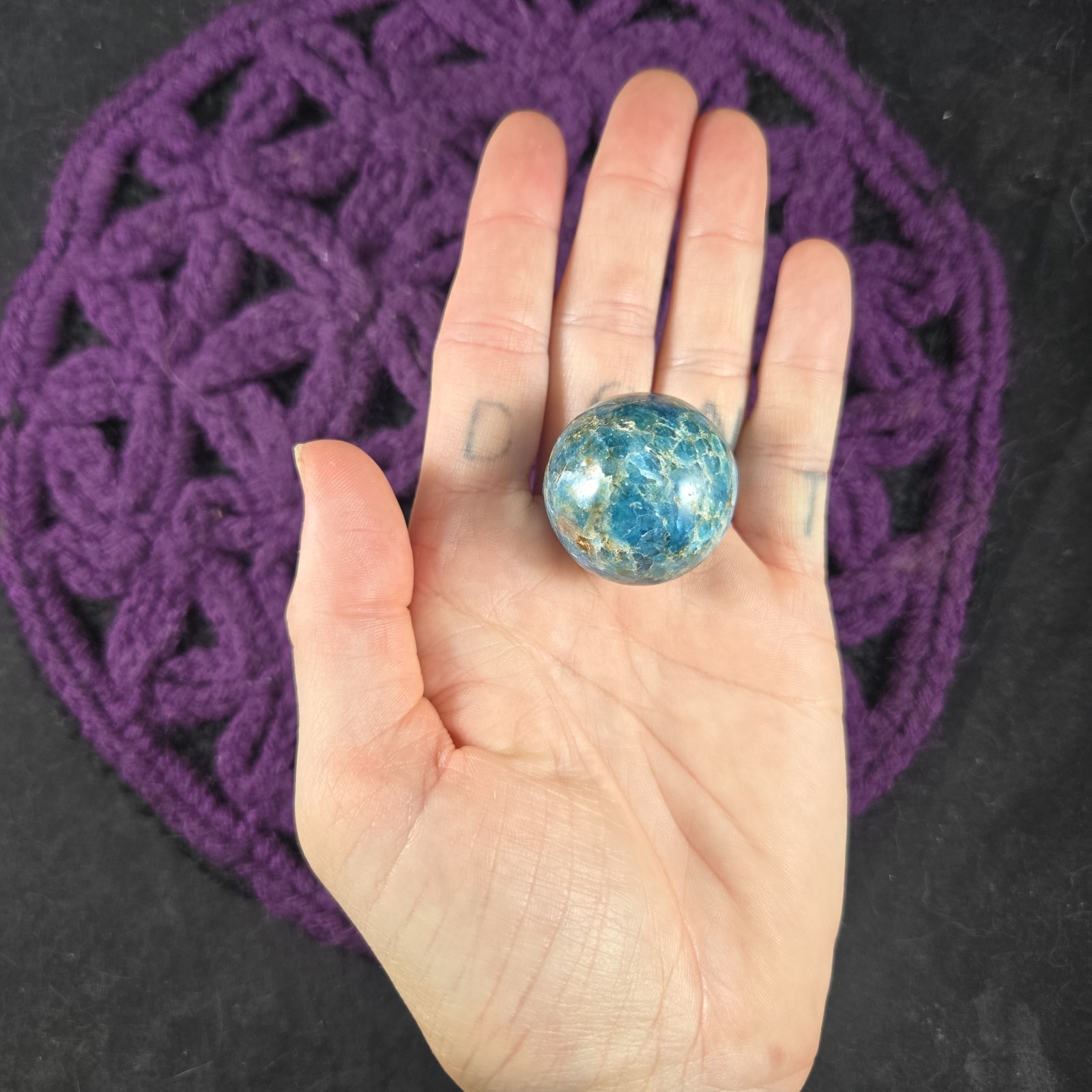 Blue Apatite Sphere 28mm Crystal Ball Stone Polished Marble
