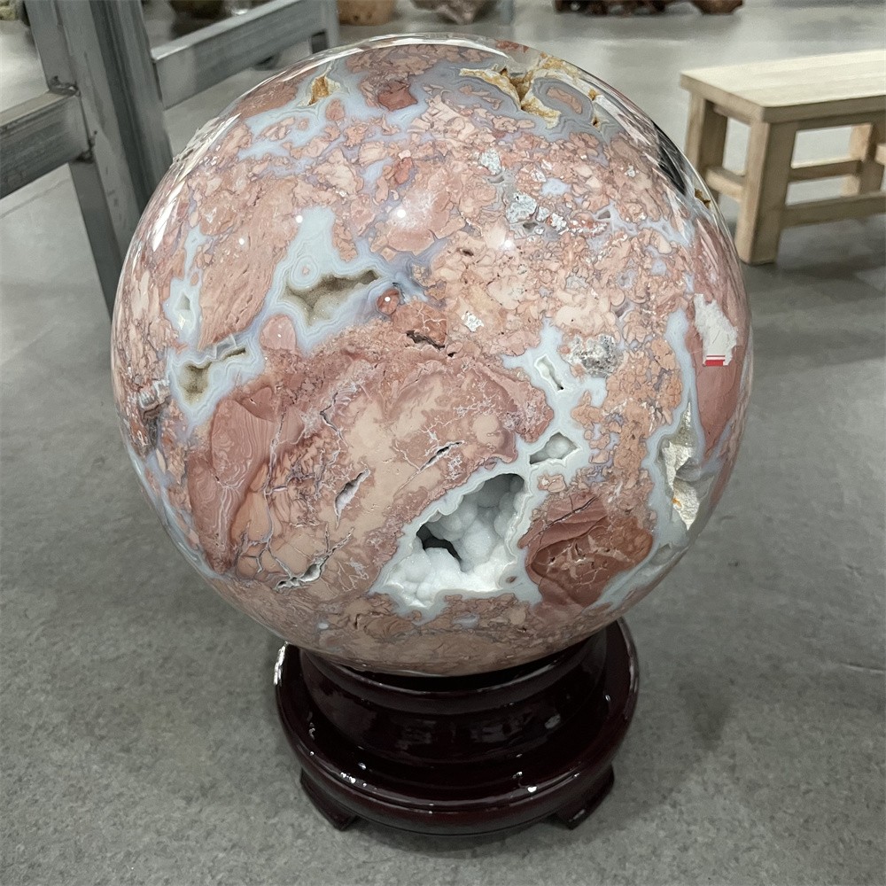 55.1LB 10.4″ Large Natural Flower Agate Geode Sphere Magic Crystal Reiki Ball