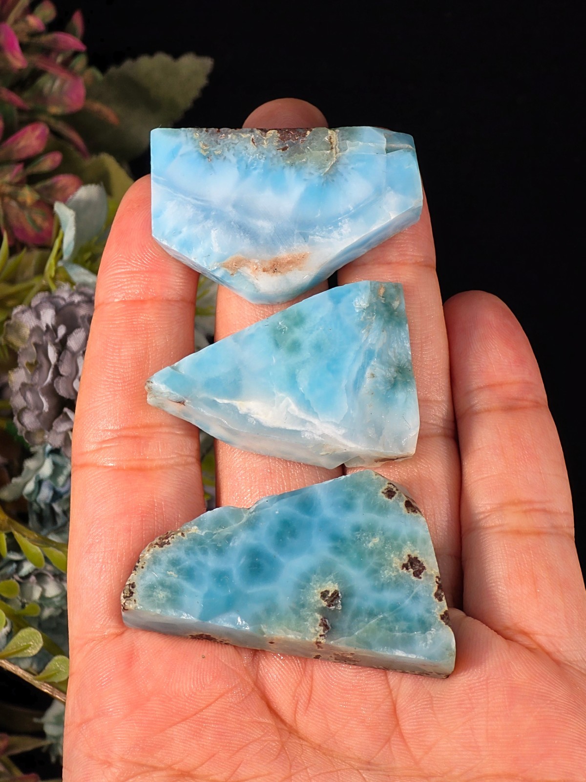 58G AAA LARIMAR SLAB LOT 3PCS – DOMINICAN REPUBLIC AQUAMARINE CRYSTAL AUTHENTIC