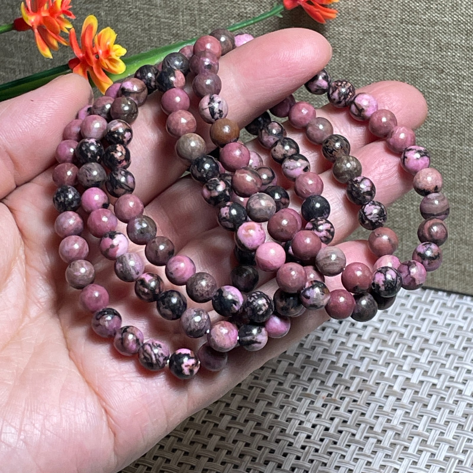 Wholesale 1Pcs 6mm Rhodonite jasper stone ball beads 6mm 7.5”crystal Stretch Bra