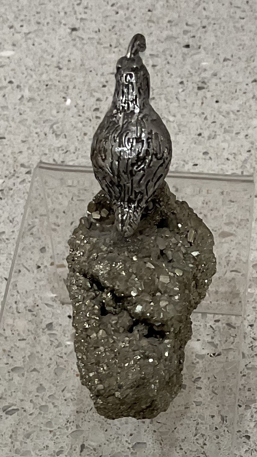 Vintage Pewter Quail Figurine On Iron Pyrite Base Miniature Bird Rock 1.75″ Tall