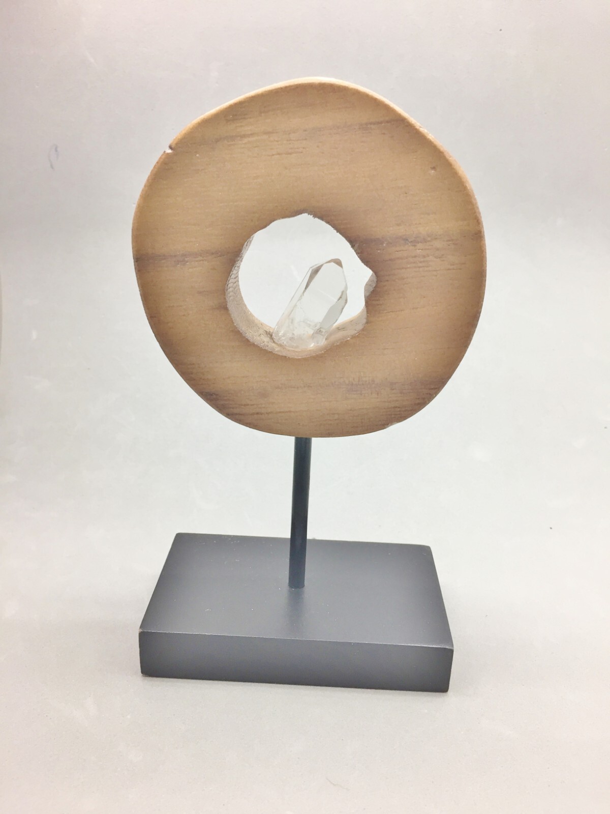 Natural Quartz Crystal In Wood Display Pedestal Modern Home Decor Interior 7″