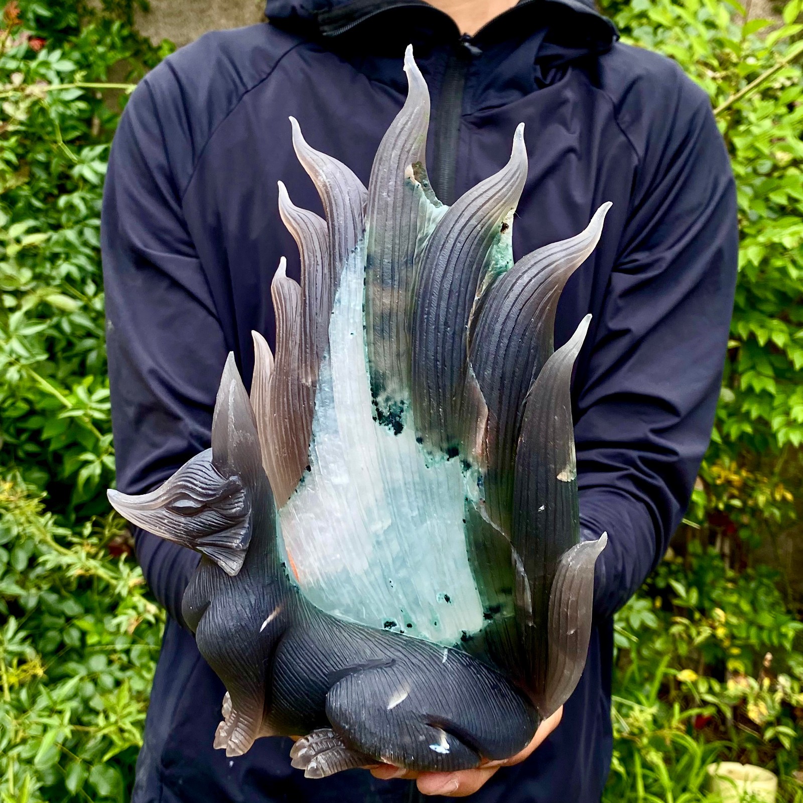 4LB Natural Amethyst Geode Hand Carved Nine-tailed Fox Quartz Crystal Decor