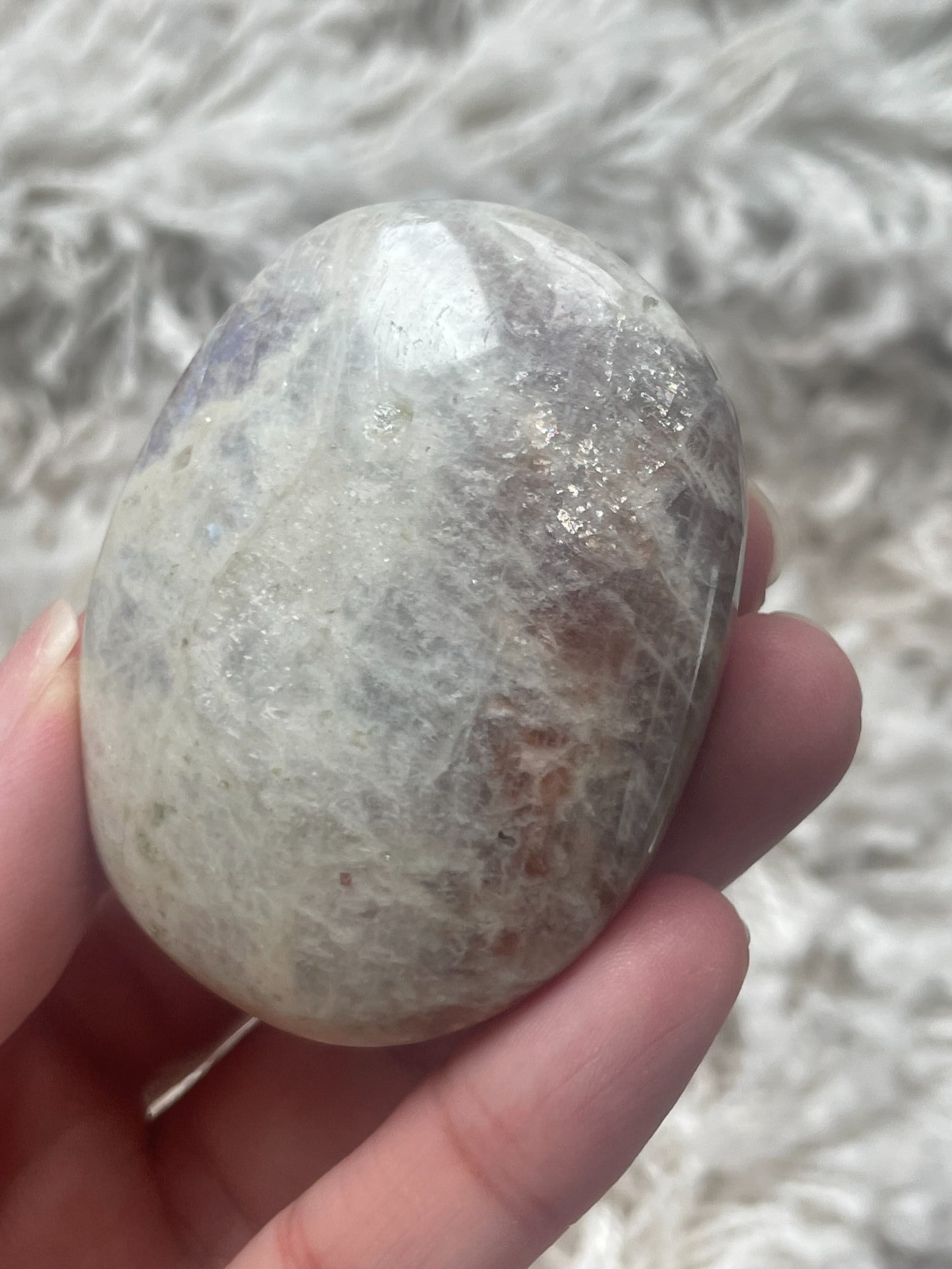Rainbow Moonstone with Sunstone Palmstone, Medium – Blue & Silver Flashes (MZ)