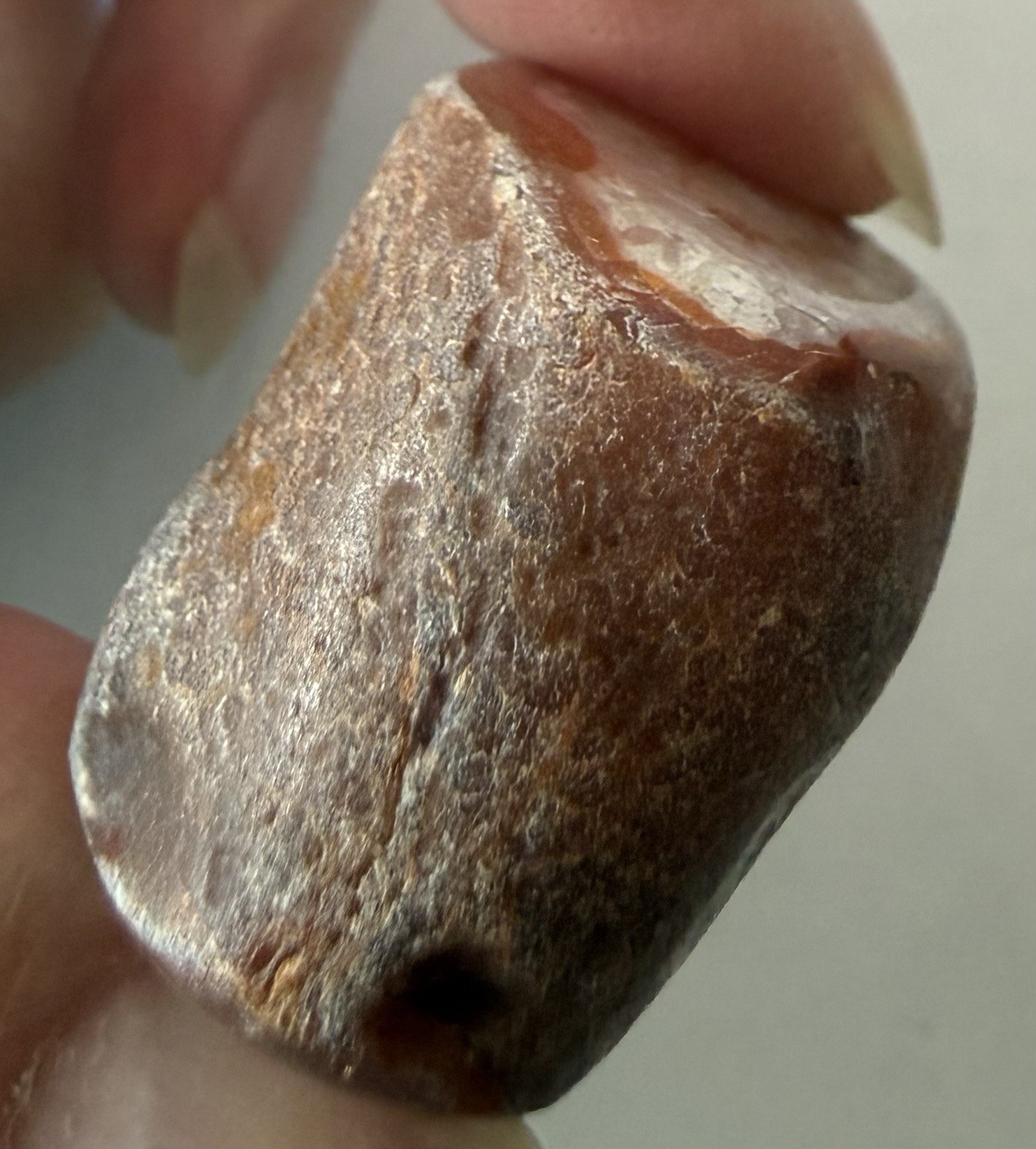 Lake Superior Agate Specimen. 1 1/4”x 1 1/4”x3/4”, 1.2 oz. Each end cut/polished