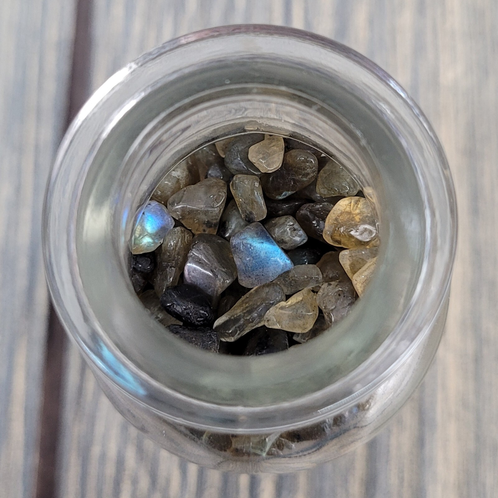 Labradorite 1/4lb Tumbled Crystal Chips in Vintage Apothecary Glass Jar Wagner