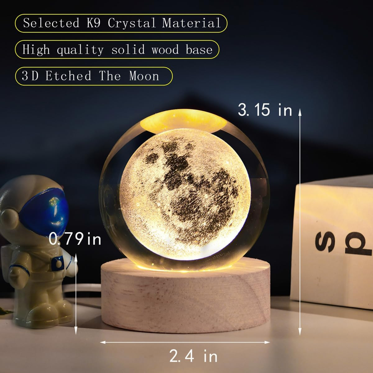 3D Moon Crystal Ball with LED Stand, Moon Figurine Decor Glass Sphere Lamp, Spac