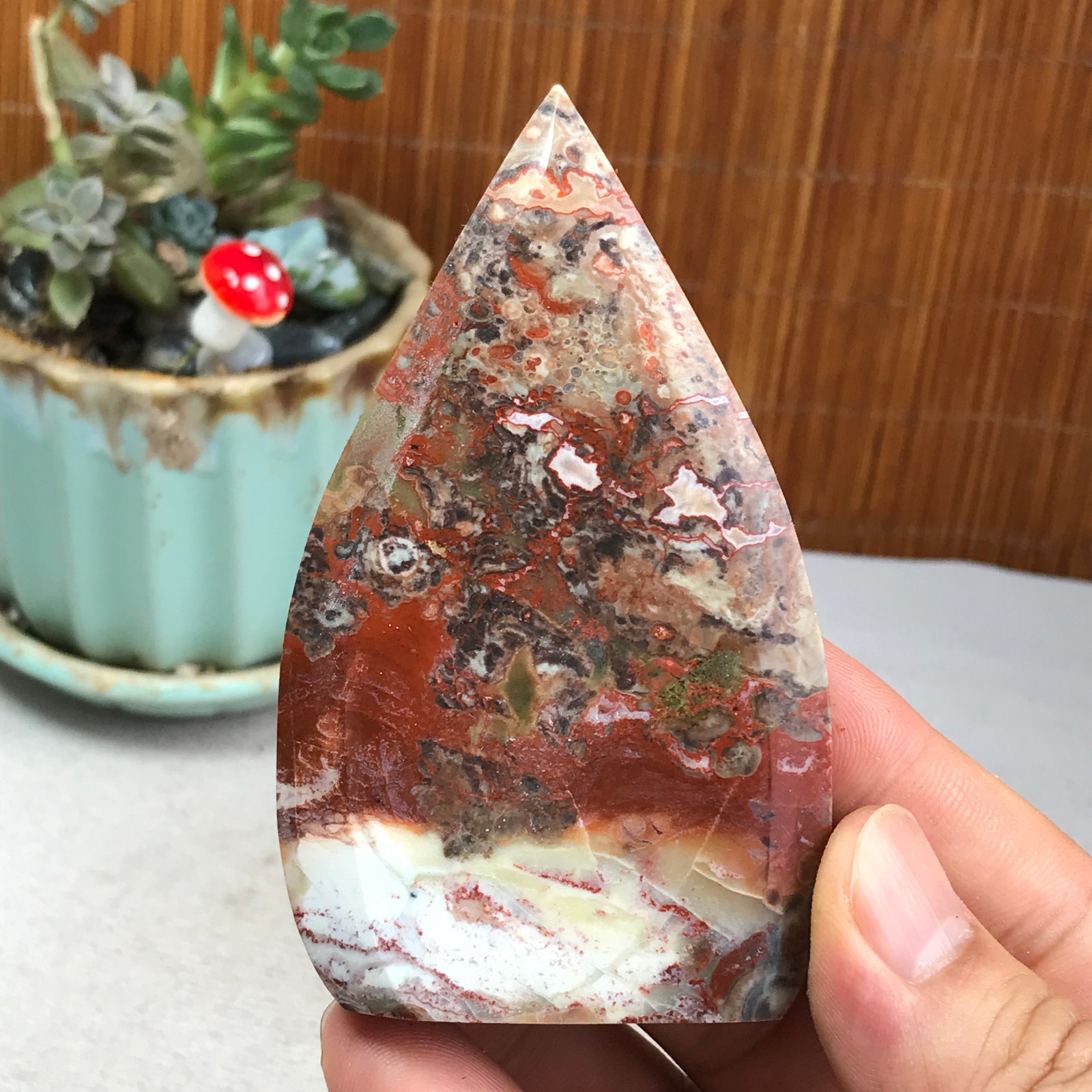 Natural money Mexico agate hand carve leaf Crystal Specimen free standing A6267