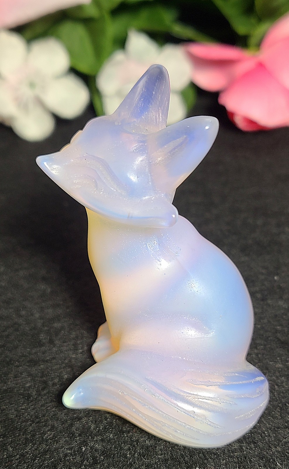 2.4″ 69g Elegant Pink Opalite Fox Kitsune Crystal Stone Carving Statue
