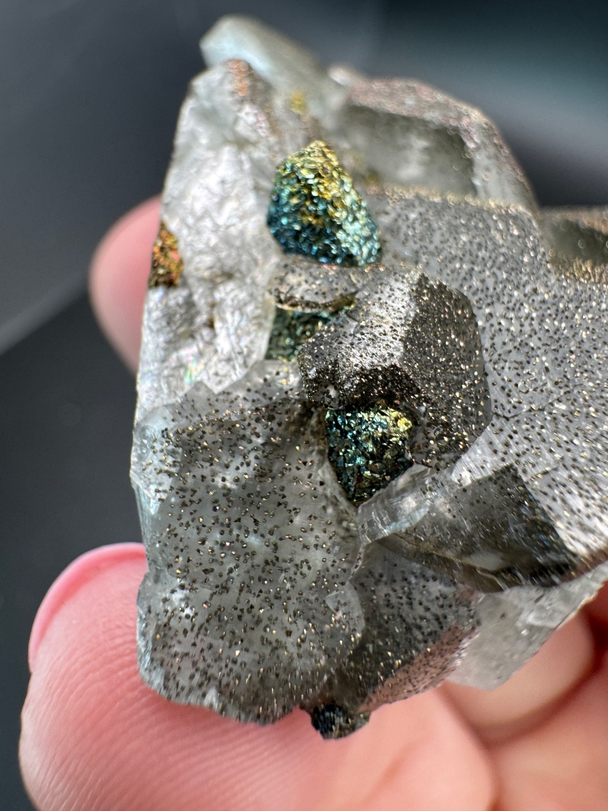 6703 Rainbow Chalcopyrite on Gray Benz Calcite Fu Jian 55g